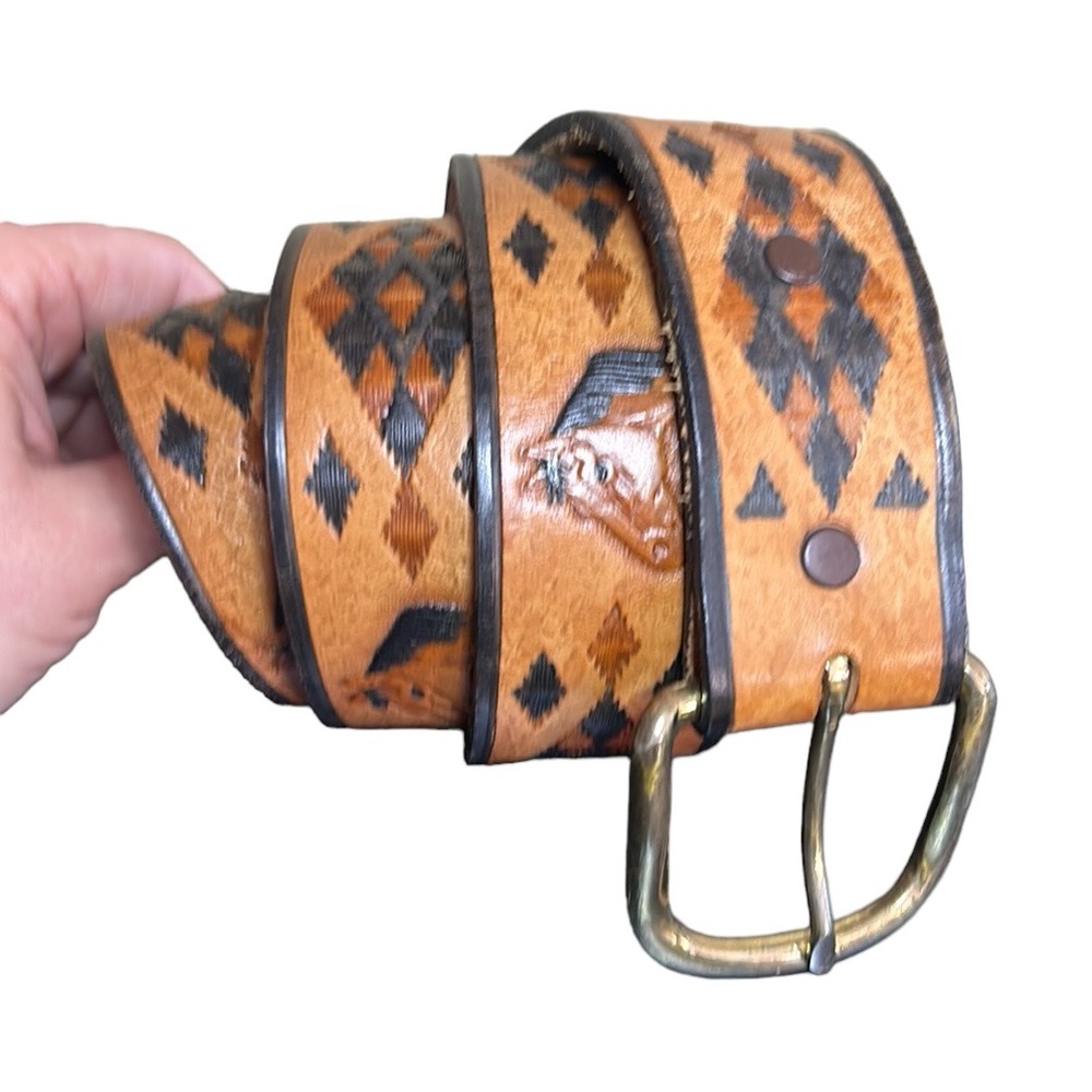 Leather‎ belt etched cowboy boot horse head aztec